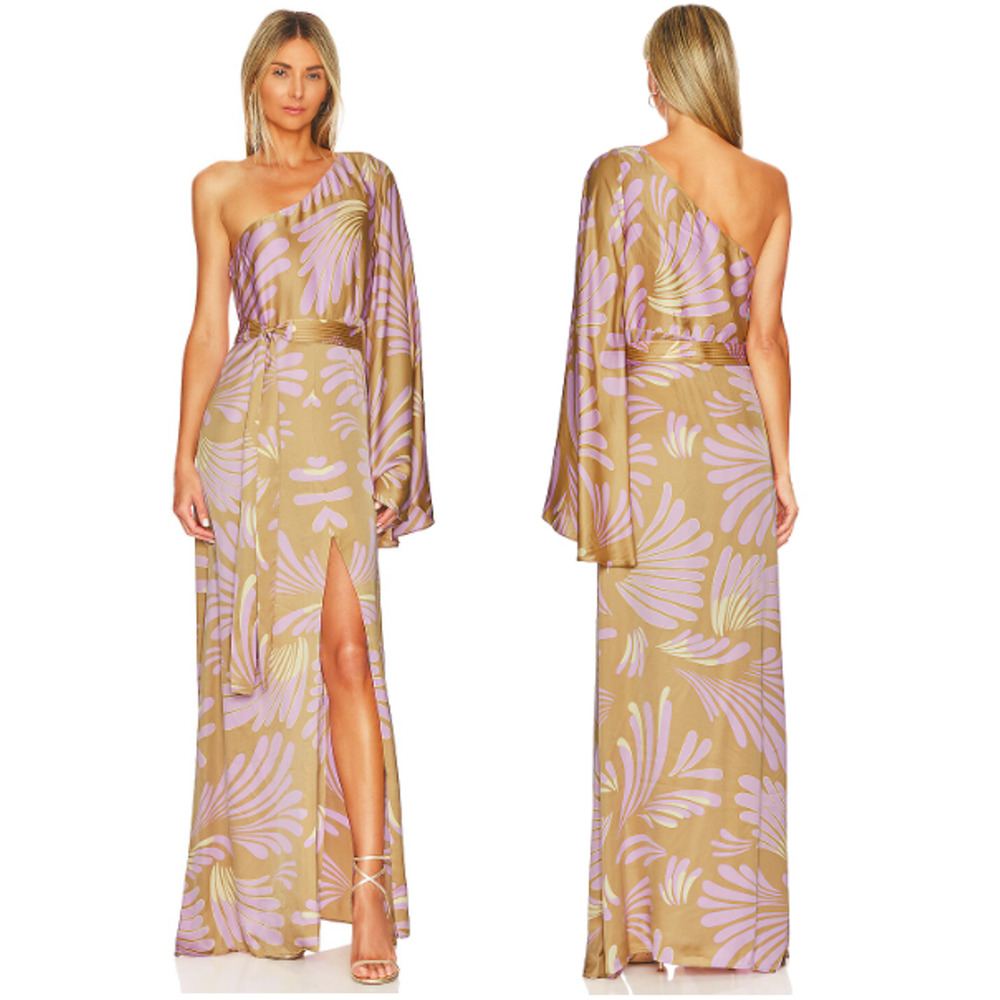 Alexis One-Shoulder Maxi Dress in Tan and Lavender Floral